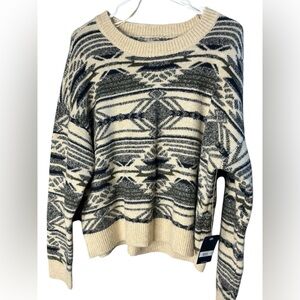 Lucky Brand Cream and Black Crewneck Sweater with Geometric Pattern